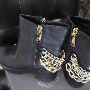 Vince Camuto Jollygood Boots Size 7 Black Leather Chains Side Zip NIB